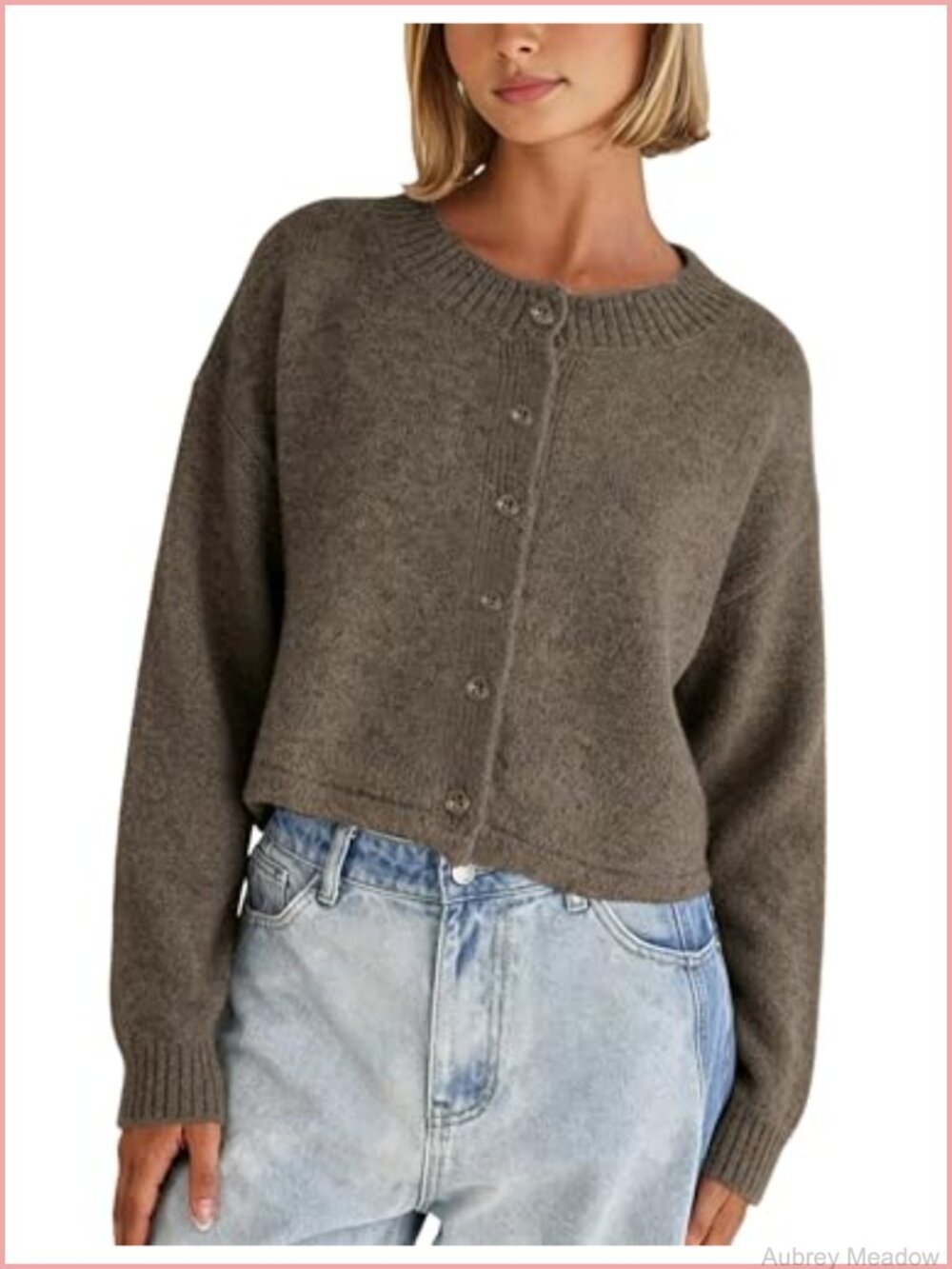 Cropped Knit Cardigan Button Down Crew Neck Long Sleeve Sweater